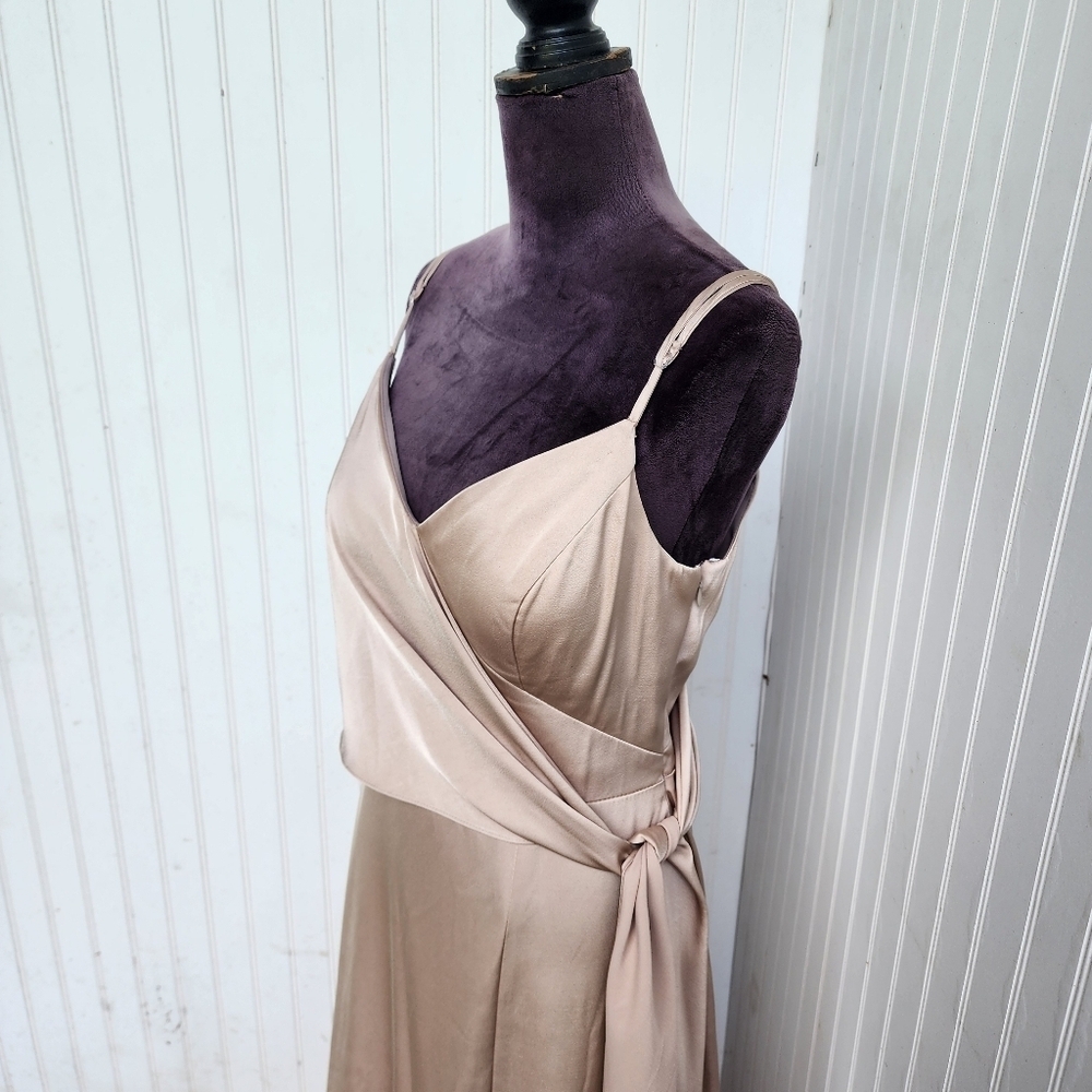 AW Bridal Satin Tank Straps Dress  Champagne Formal Front Slit Size 10 - Picture 4 of 13